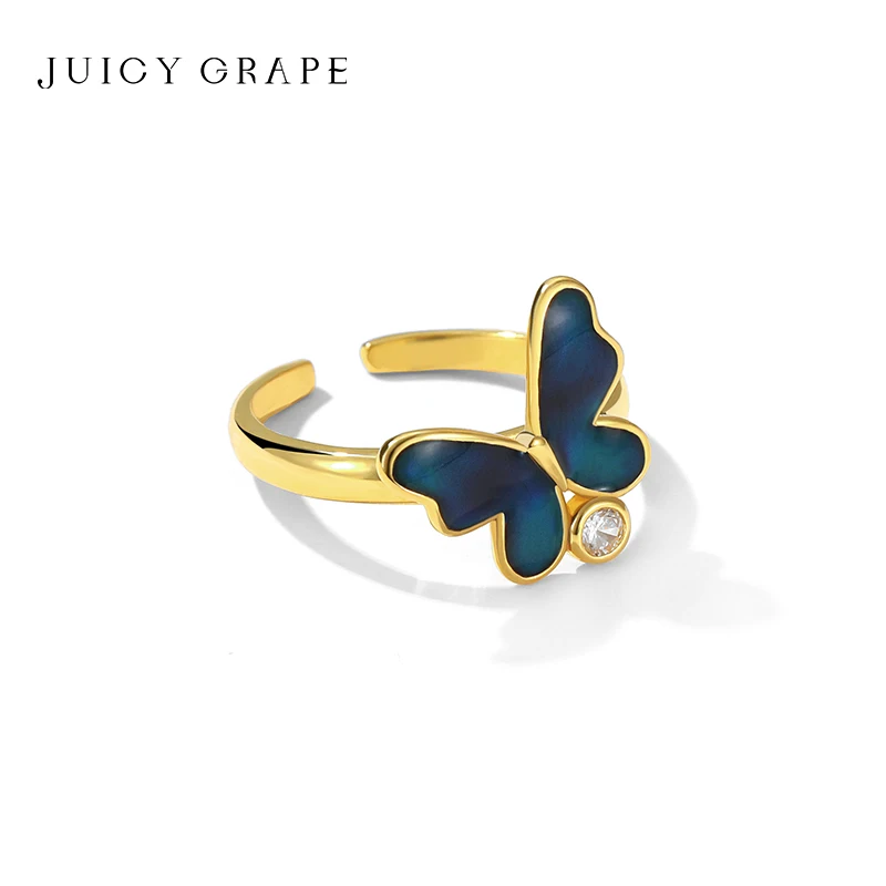 JUICY GRAPE 925 Sterling Silver Open Index Finger Ring with Temperature-Sensitive Enamel Luxurious Dreamy Butterfly Ring for Wom