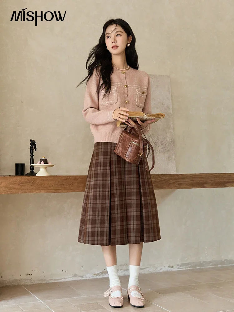 MISHOW Plaid Tweed Cardigan New Pink Vintage Short Knit Premium Sweater Jacket French O-Neck Clashing Color Tops MXD44Z0831