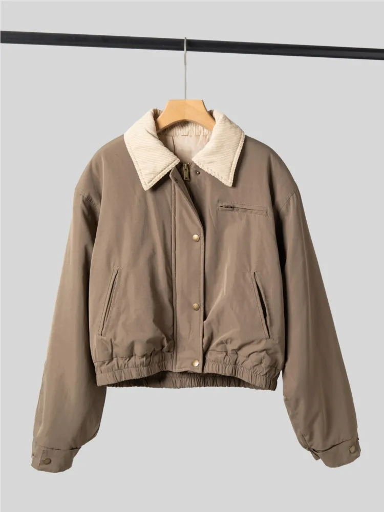 

Повседневное свободное толстое пальто, женская мода, ретро контрастного цвета, воротник с длинным рукавом, куртка на молнии, новинка 2025, осень-зима