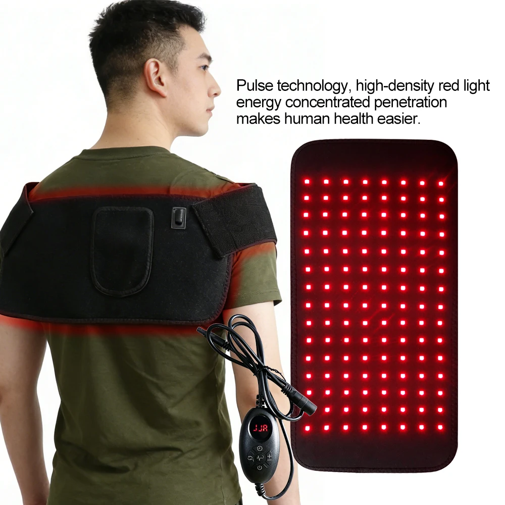 Ceinture de thérapie par lumière rouge et infrarouge à 120 LED, 5 niveaux de réglage, coussin chauffant réglable pour la taille, dispositif de soin et de relaxation musculaire.