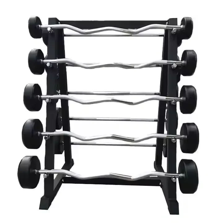 

Factory Wholesale Gym Straight and Curved bar Rubber Barbell Bar Set and Five Layer Barbell Rack