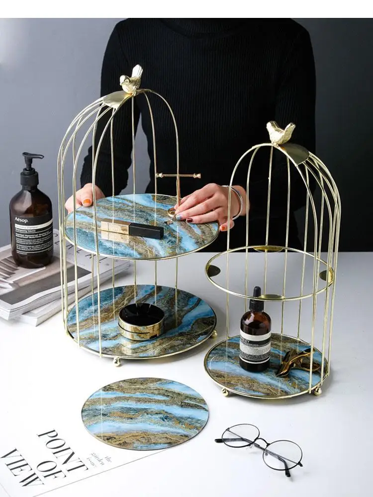 Bird Cage Storage Rack Marble Texture Double Layer Tempered Glass Metal Decorative Trays Dressing Table Cosmetic Display