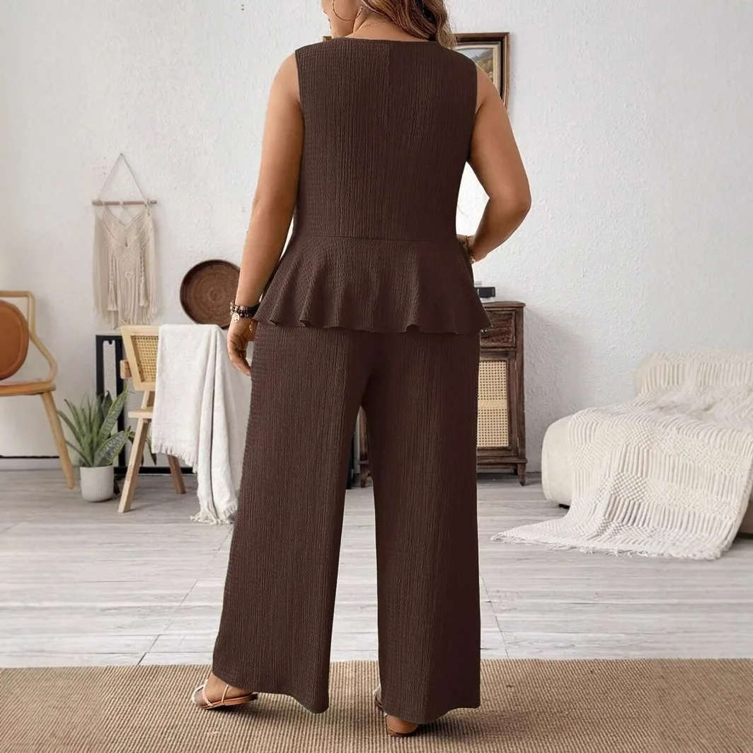 

Large-size Women's Clothing 2025 Summer Fashion Sleeveless Lotus Leaf Top Wide-leg Trousers Two-piece Set European and American