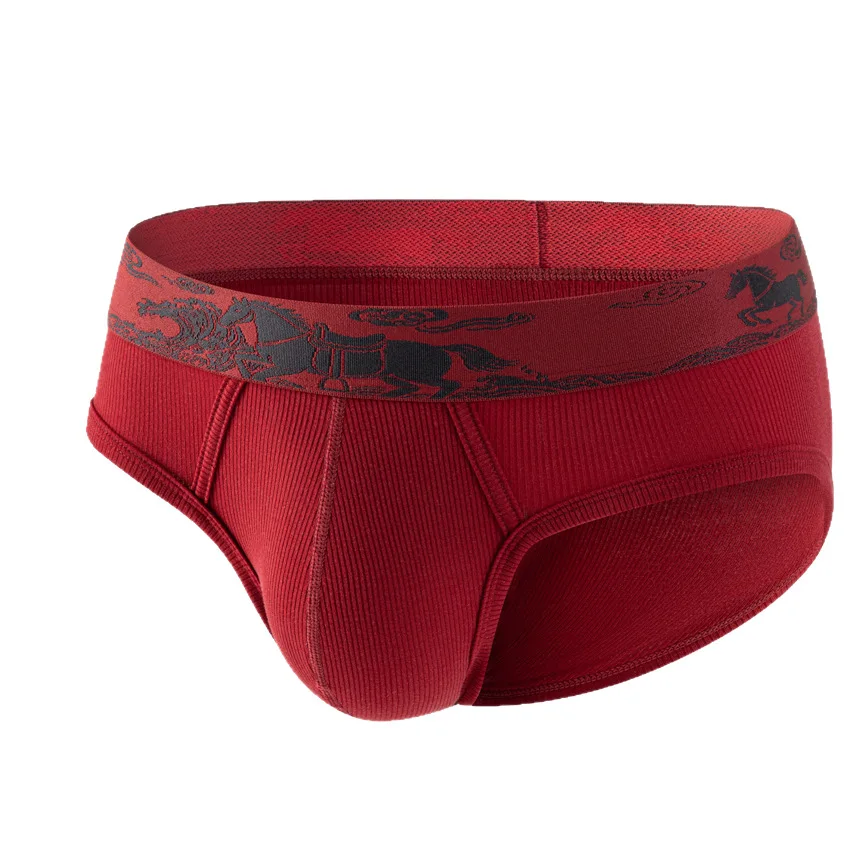 Men Lyocell Briefs, Red Ribbed Fabric Horse Print Waistband Low‑rise Breathable Triangle Underwear