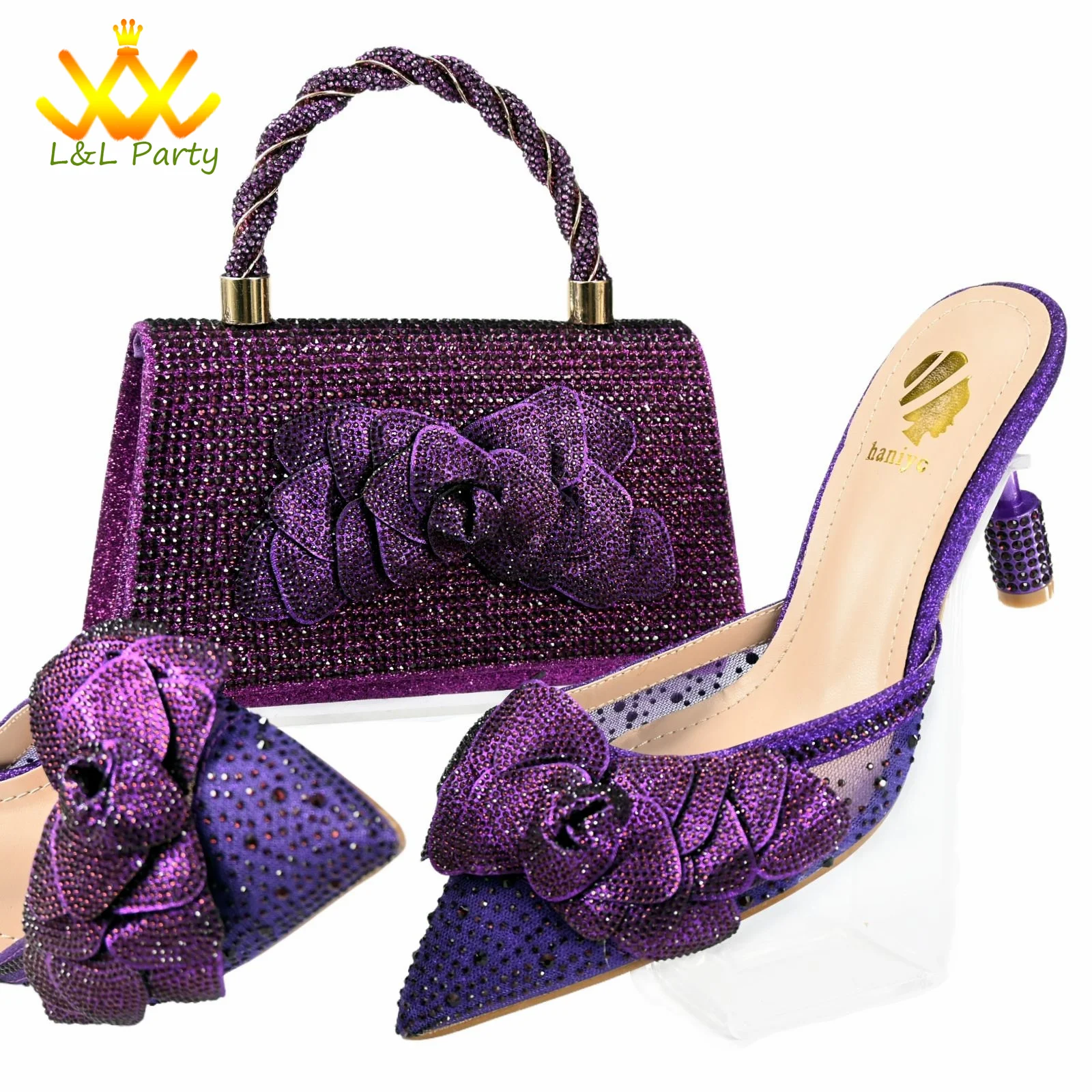 

Фиолетовый цвет, комплект туфель и сумки итальянского дизайна, сексуальный стиль на очень высоком каблуке с острым носком и аппликациями для свадьбы