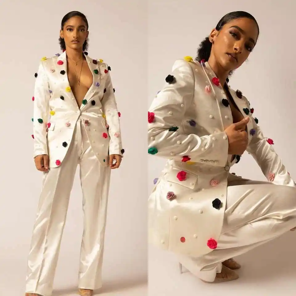 Elegant Women Suits 2 Pieces Jacket Pants Single Breasted Pearls Hand Made Flowers Lady Business Prom Party Gown Customized