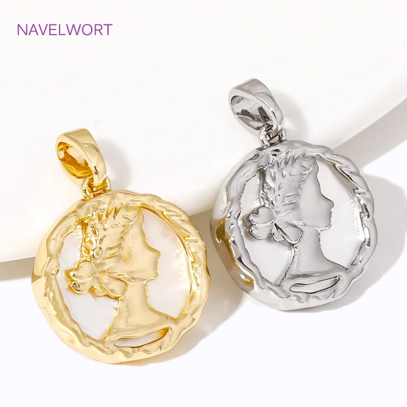 18K Gold Plated Queen Charms Pendant Brass Natural Shell Round Pendants For Jewelry Making DIY Necklace Making Acceossories