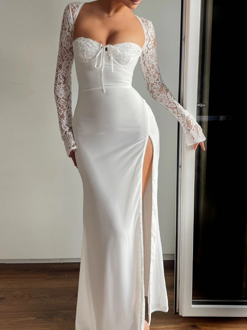 Witte Kant Volledige Mouwen Avondjurk Aangepaste Vrouwen Bruiloft Dromerige Sweetheart Hals Engagement Prom Wear Lace Up Back