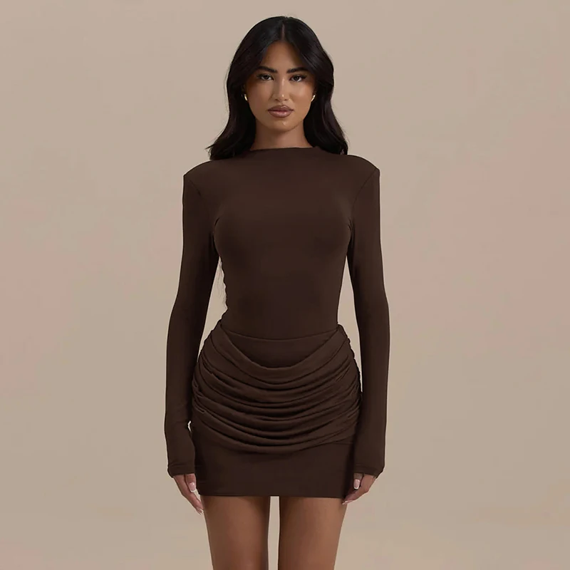 CUTENOVA Women'S Fall New Arrival Elegant Solid-Color Crew Neck Long-Sleeve Gathered Waist Bodycon Mini Dress Elegant Chic Dress
