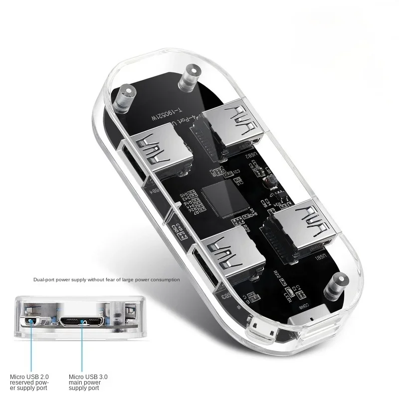 Transparent Fashion Heavey Duty 4 Ports USB 3.0 Hub for Computer Desktop Laptop 5Gbps Fast Transfer Additional Dual Power Supply