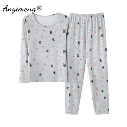 Kawaii Faux Cotton Cartoon Pajamas Set Women Long Sleeves Nightwear Autumn Spring Young Lady Sleepwear Slim Underwear for Girl