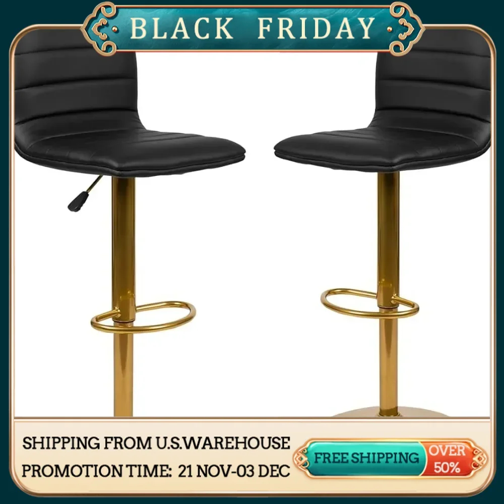 Black vinyl adjustable bar stool with backrest, counter height rotating stool with gold base, 2-piece set