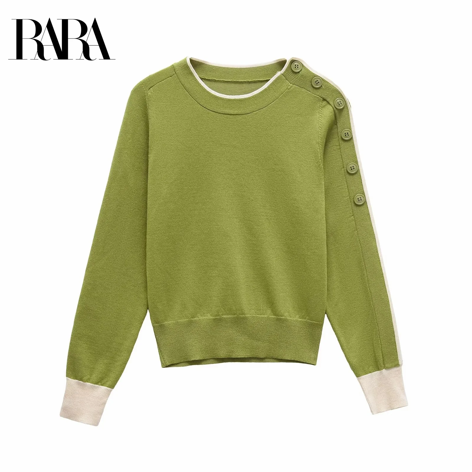 

RARA 2025 Women's Long Sleeve Knit Top with Round Neck Contrast Trim and Button - detailed Shoulder Comfortable for Daily Wear