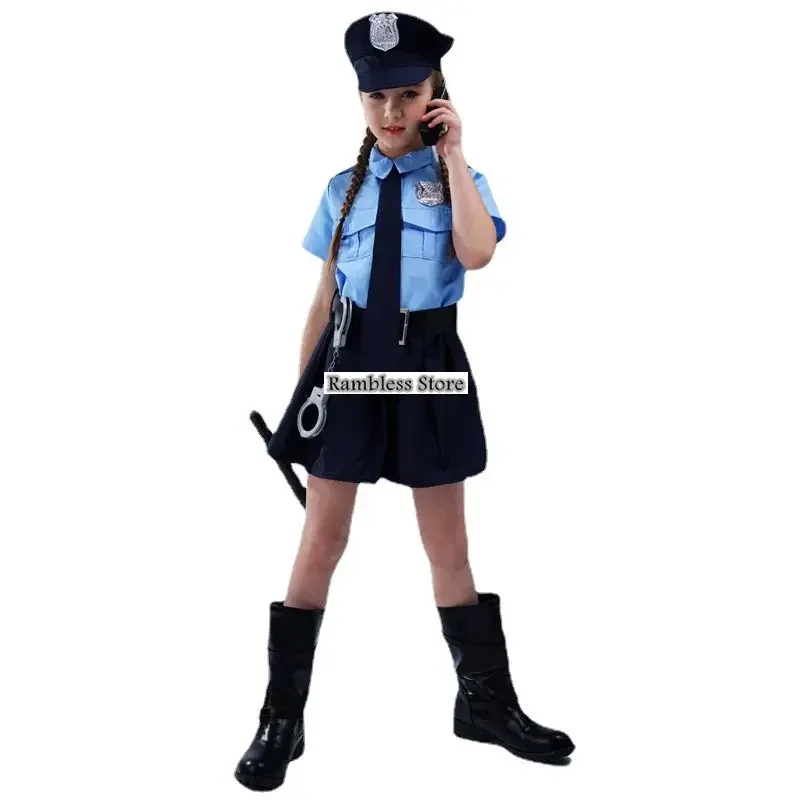 7pcs/set Kids Girls Cop Police Officer Cosplay Uniforms for Halloween Profession Police Role-Playing Dress with Phone Handcuffs