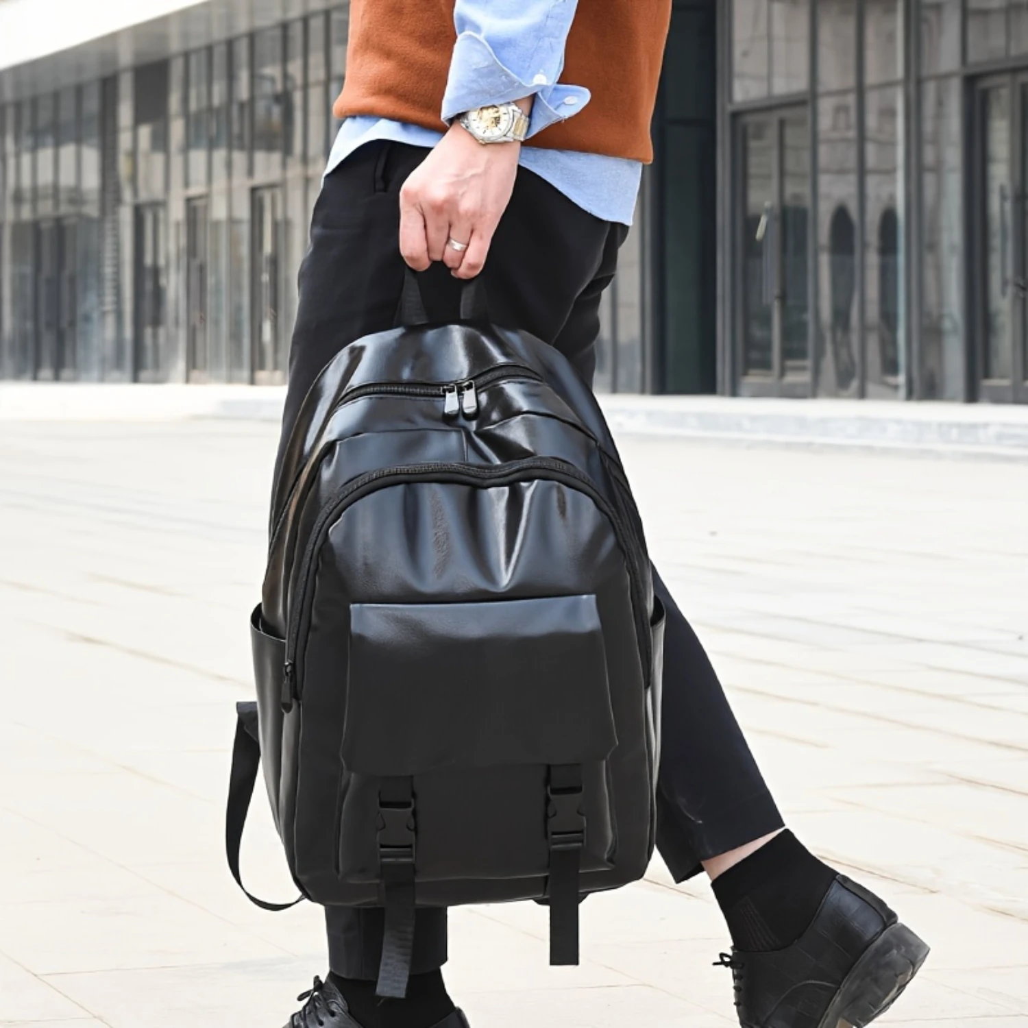 

Laptop Backpack, Men's PU Leather Travel Work Bag - Waterproof Carry On Business Pack
