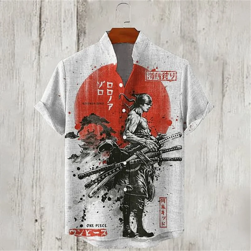 

Men's Samurai and Bird Ink Printed Casual Shirt Fashion Retro Japanese Samurai and Tiger Printed Short Sleeve Shirt