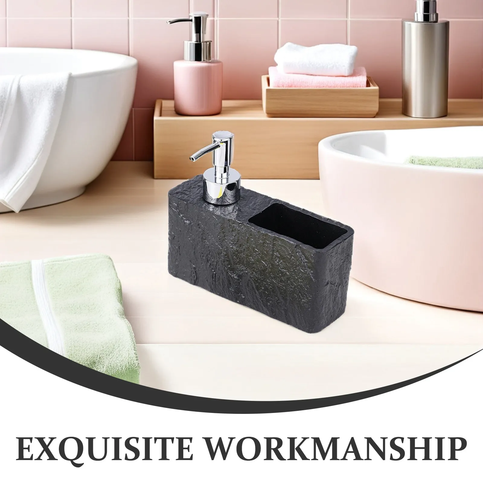 Black Textured Resin Kitchen Soap Dispenser Refillable Pump Bottle Sponge Holder Organizer for Dish Liquid Hand Lotion