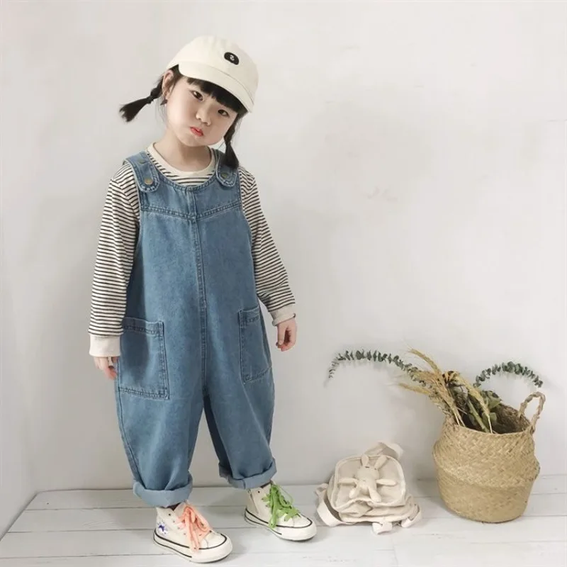 귀여운 청바지 키즈 오버롤, 한국 루즈 캐주얼 인기 Y2K 아동복 점프수트 바지, 귀여운 패션, 용수철 가을 신상