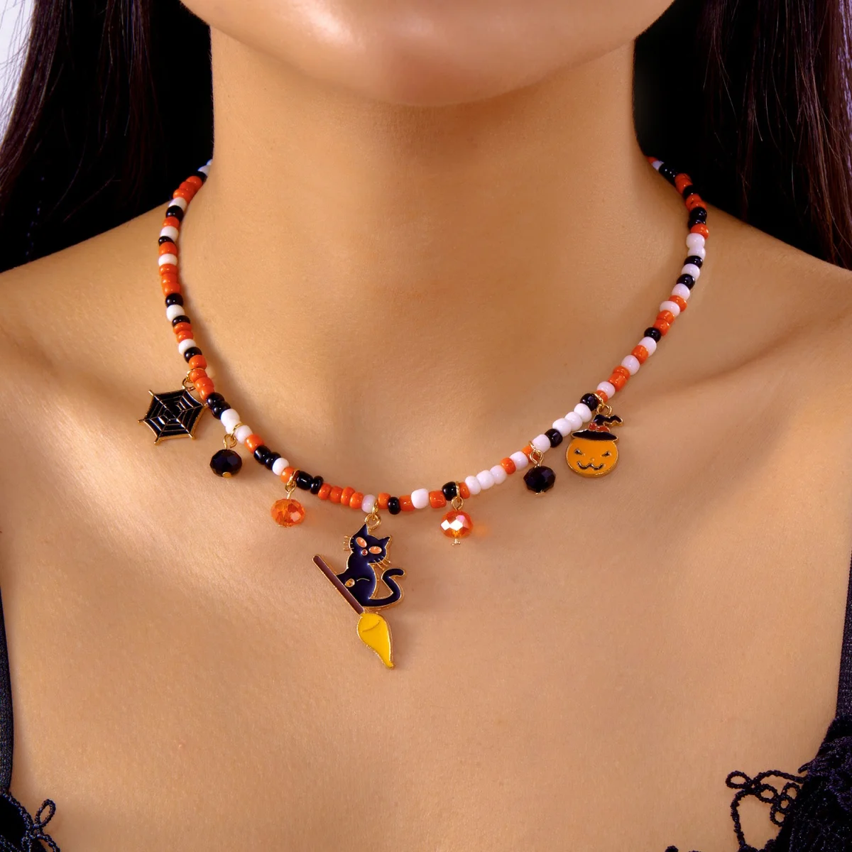 Gothic Halloween Pendant Necklace Bat Heart Ghost Cat Pumpkin Spider Web Bead Choker Jewelry For Women Men Funny Party Accessory