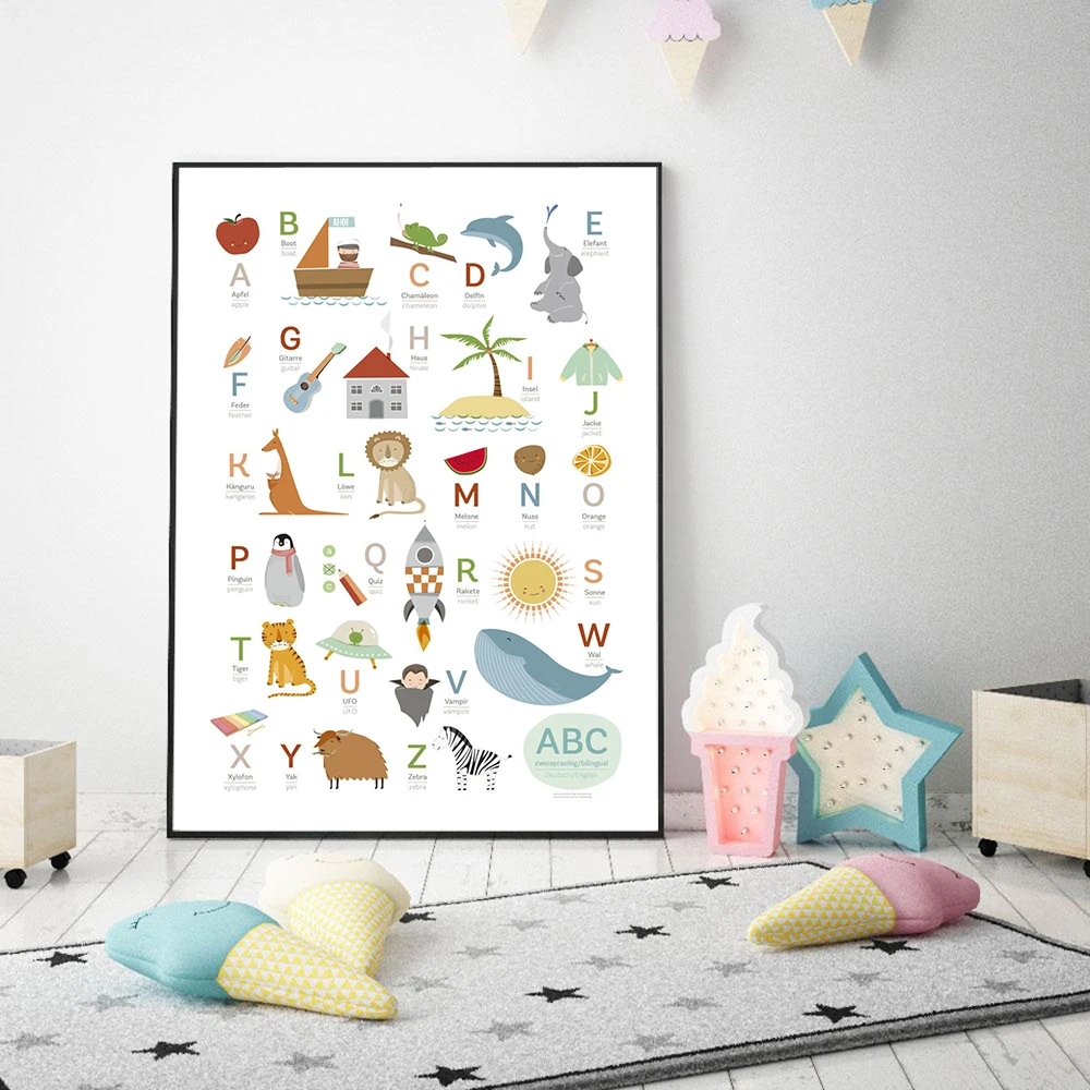 ABC Poster German English Poster and Print Kids Animal Learning Education Pictures Decoration Wall Art Canvas Painting Nursery