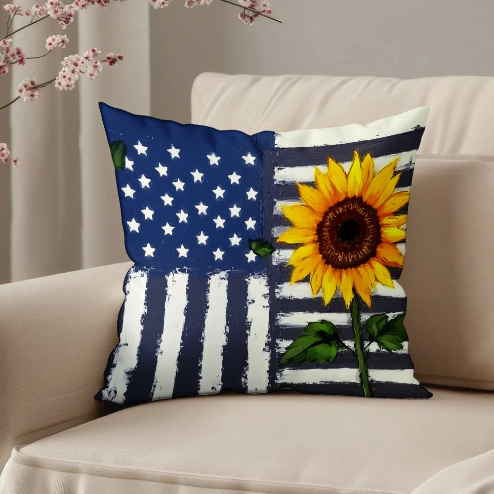 Square Throw Pillow Case Blue White American Flag Sunflower Print For Living Room Sofa Bedroom Home Decor Cushion Cover