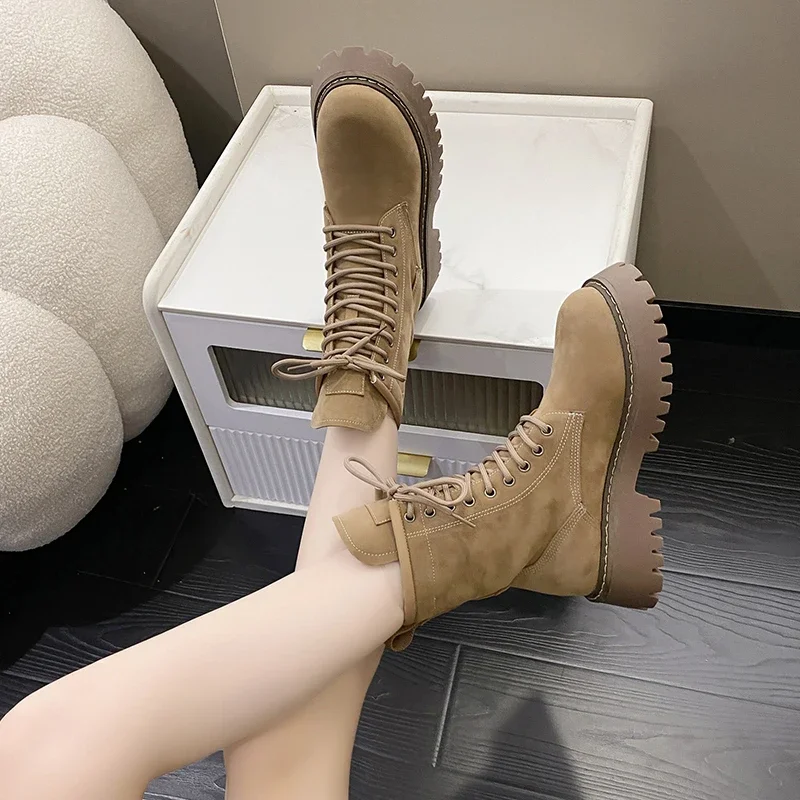 Nice New Hot Western Boots Women Shoes Leather Cow Suede Patchwork Thick Med Heel Platform Leisure Ankle Boots Ladies Shoes