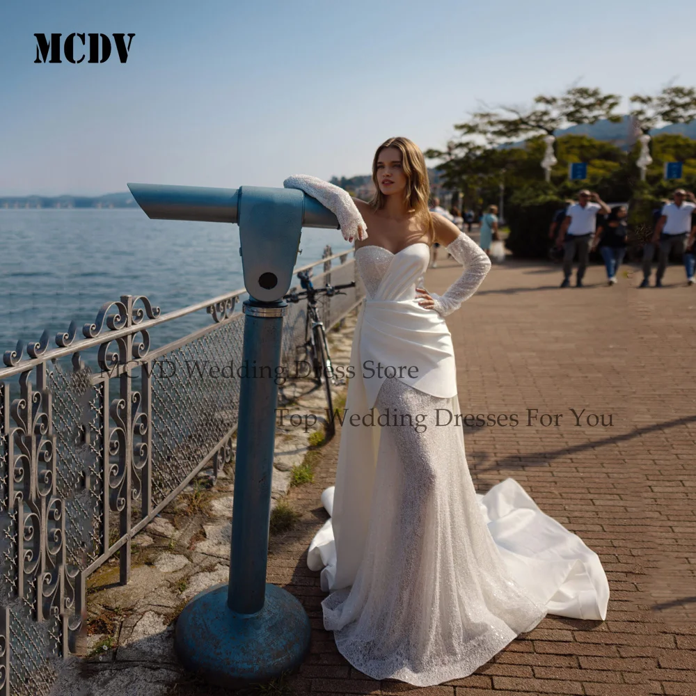 

MCDV Gorgeous Sweetheart Wedding Dress Mermaid Satin Bride Gowns Detachable Sleeves Vestidos De Novia For Bride Customized