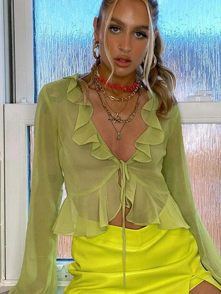 Vintage 90s Streetwear Ruffles Trim Green Chiffon T-shirts Y2K Fashion Sexy Deep V Lace Up Long Sleeve Tops Transparent