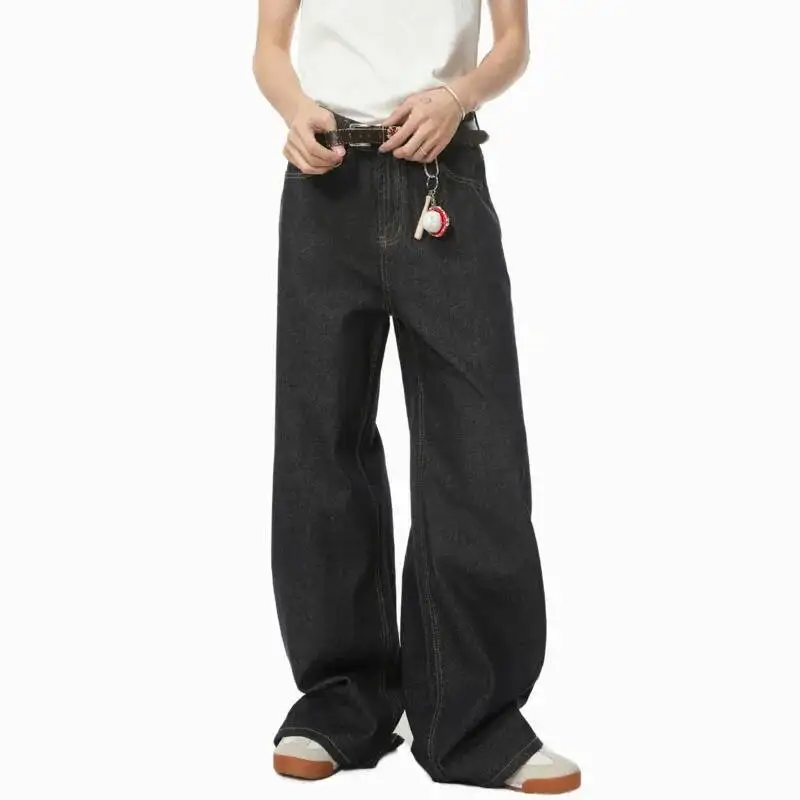 2025年秋 ハイストリート メンズ デニムパンツ 無地 ウォッシュ加工 ルーズ ワイドレッグ トラウザーズ ストレート ルーズ 男性用ジーンズ トレンド