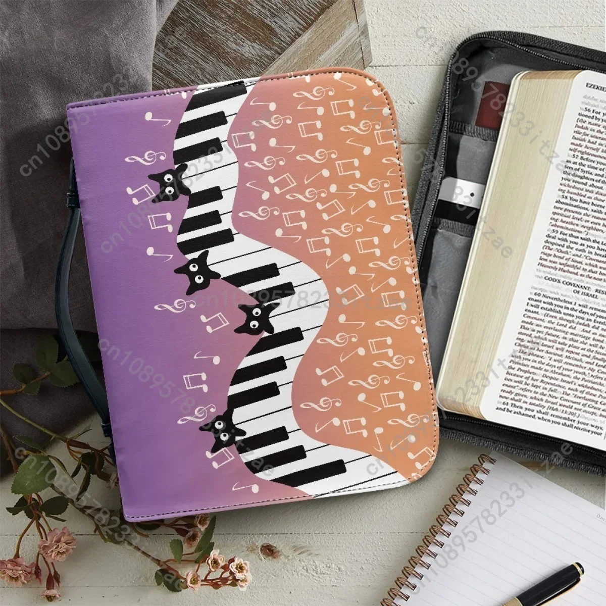 Christian Bible Bag for Women Bible Cover Case Art Piano Keyboard Music Note Pattern Print Handbags Portable Bible Storage Bags