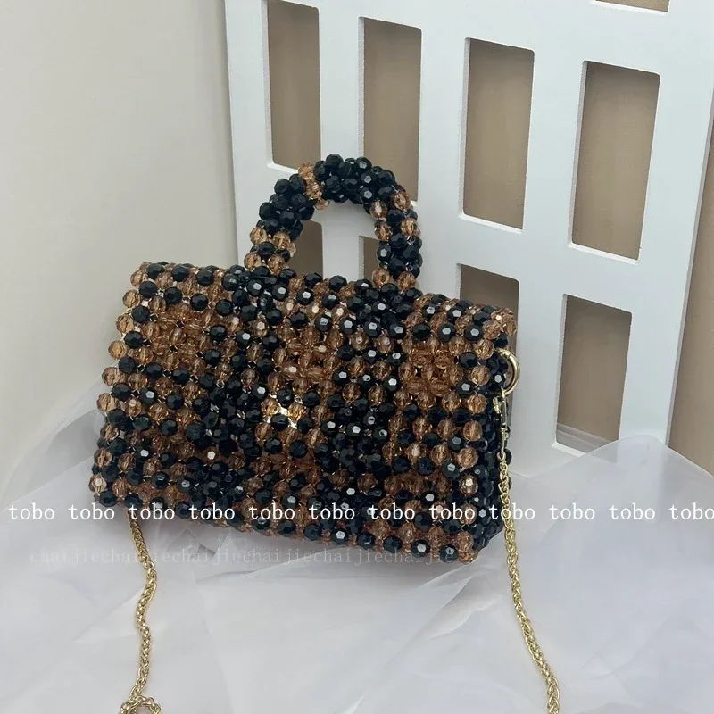 Long Metal Chain Transparent Acrylic Beaded Woven Large Totes for Women Fantasy Strip Patchwork Luxury Designer Crossbody Bags