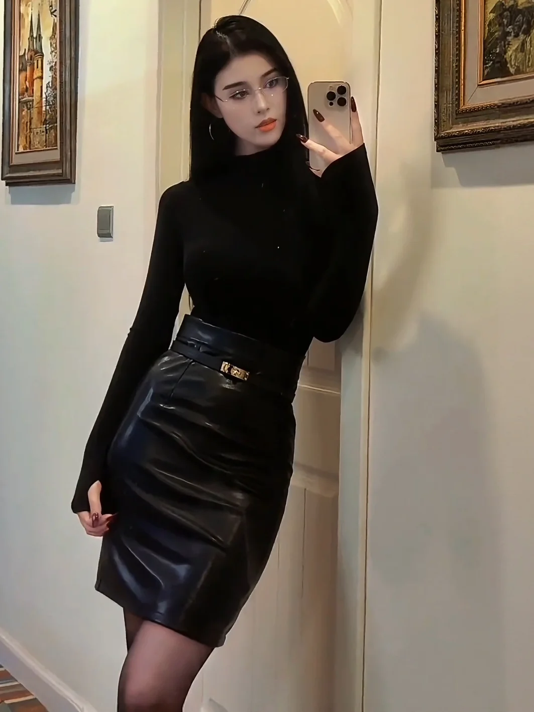 

Ele High Waist Bla Leather Skirt And Long Sve T-irt Women's Slim Fit Base Layer Top Two Piece Set Faionable...