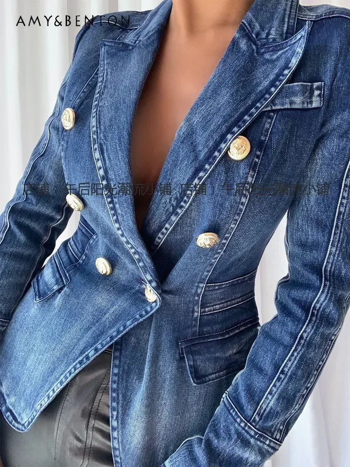 European Goods Vintage Double Breasted Wash Denim Jacket Women Winter New Fashion OL Tailored Collar Casual Slim Fit Jackets