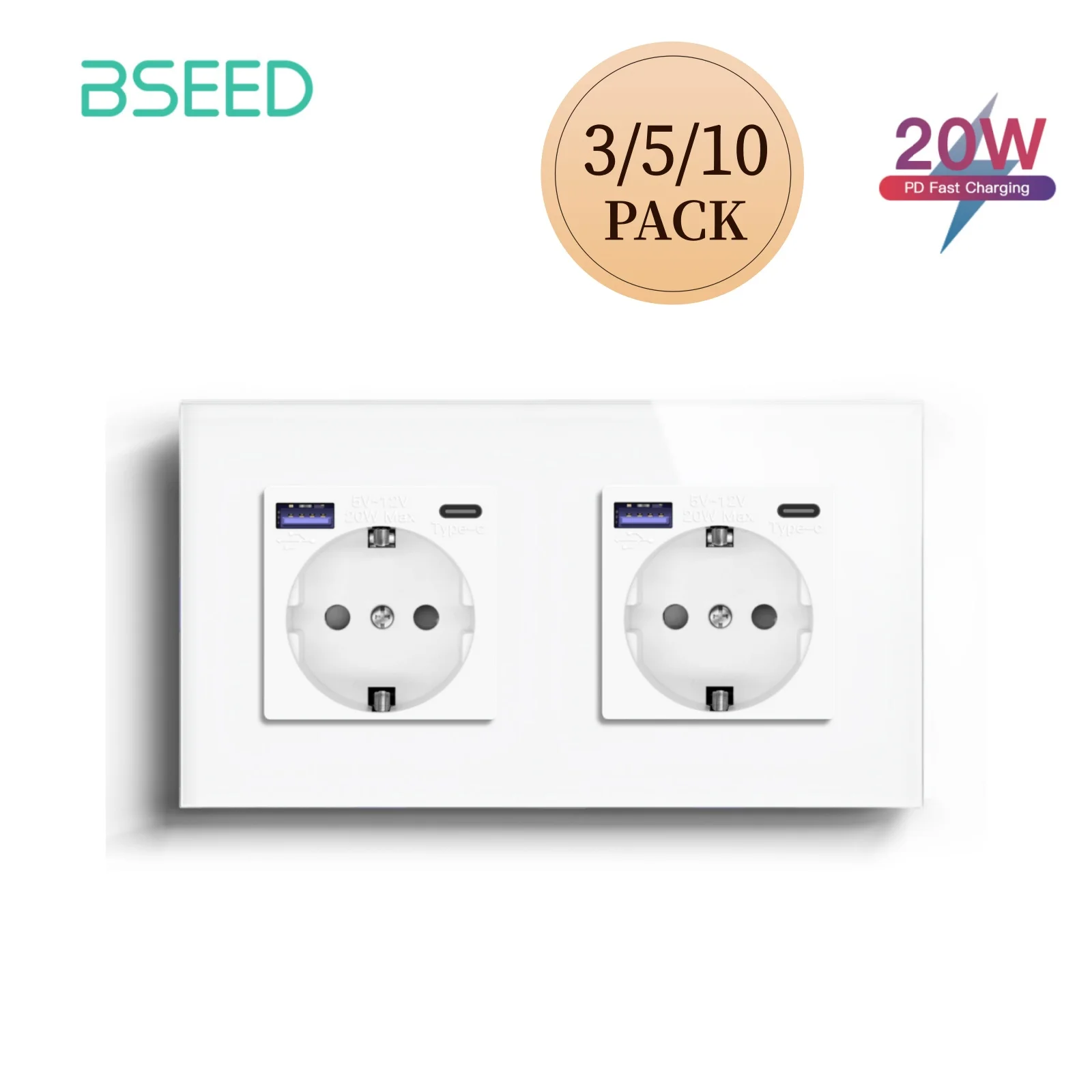BSEED EU-Standard 20W PD Schnellladewandsteckdose Typ-C Schnittstelle USB-Steckdosen Doppel-Steckdosen Wandmontiert Weiß