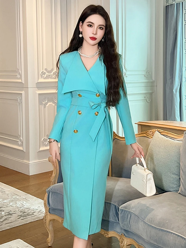 Elegant Formal Professional Long Dress Women's Celebrity Business Belt Lace up Double Breasted Slit Robe Office Lady Vestidos