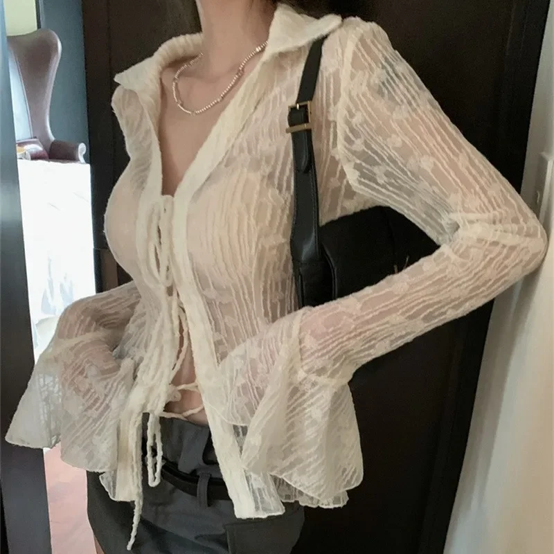 QWEEK Elegant White Lace Up Transparent Shirts Woman Slim Long Sleeve Blouses Korean Cardigan Summer Youthful Chic Aesthetic