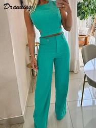 D​rauuing  2 Pieces Sets Women Sleeveless Top And Wide Leg Pant Women Outfits Slim Solid Casual Fashion Pant Sets Elegant