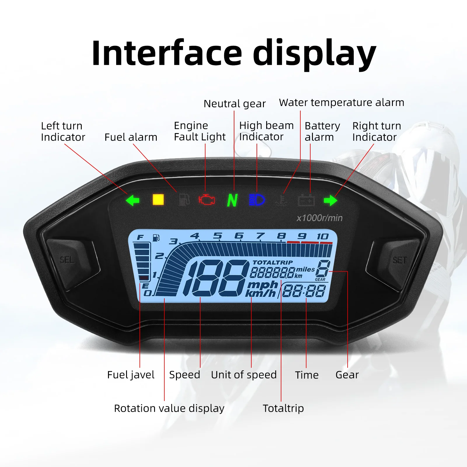 Universal 12V Motorcycle Speedometer Digital Odemeter 10k Tachometer 7 Colors Backlight For Motorcycle 2-4 Cylinders Speed Meter