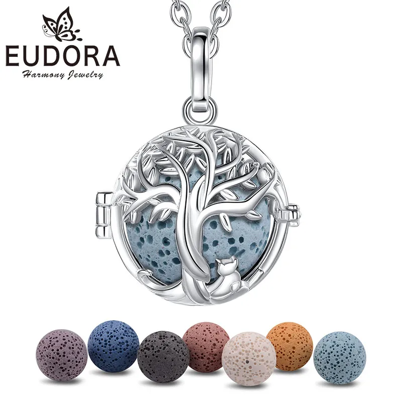 Eudora 18Mm Vulkanische Lava Stone Ketting Boom Van Leven Kooi Kat Medaillon Hanger Parfum Aroma Diffuser Aromatherapie Sieraden Gift