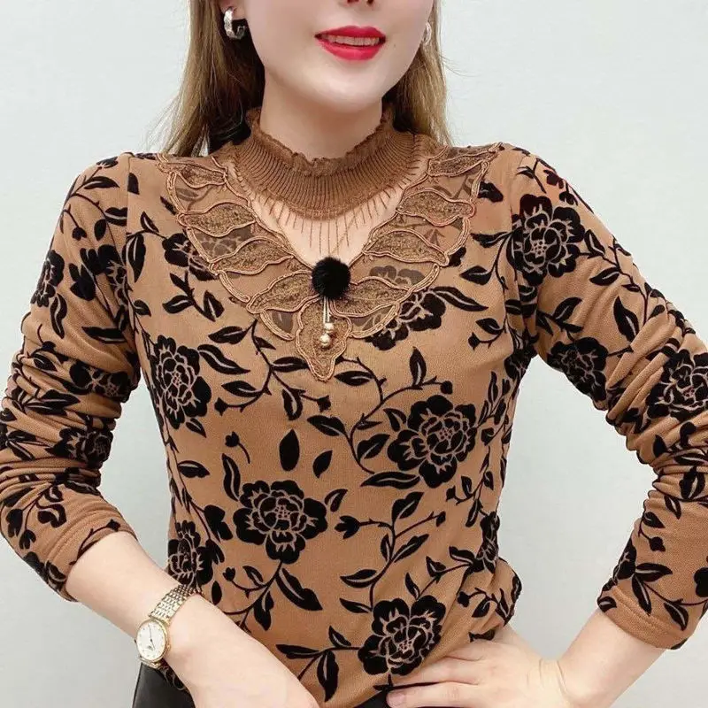 Female Clothing Half High Collar Shirt Spring Autumn Slim Fashion Lace Spliced Vintage Floral Printed Commute Long Sleeve Blouse