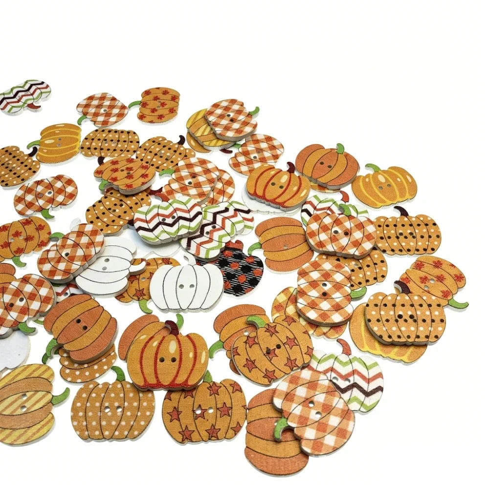 300PCS 25MM Autumn Harvest Series Pumpkin Maple Leaf Flower Wooden Buttons Buckle Home Clothing Luggage Decorative Wood Button