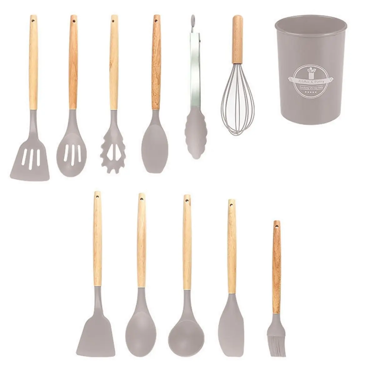 A1931K 12pcs Silicone Kitchenware Set with Wooden Handles Non-Stick Cooking Tools Khaki SUMMER