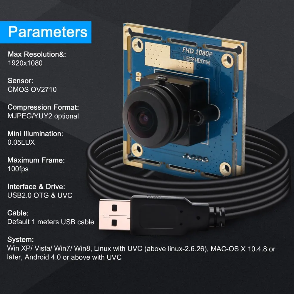 ELP 1080P 풀 HD 광각 USB 카메라 모듈, OV2710 640x480 120fps 미니 웹콤, 로봇용 180 도 어안 렌즈 포함