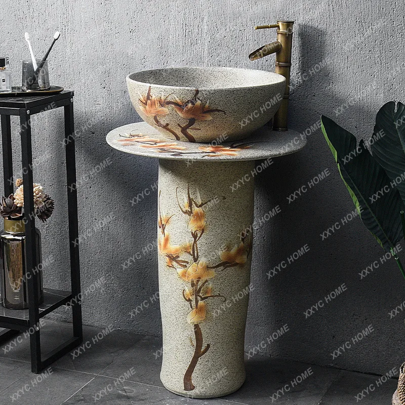 Stand Column Type Washbasin Outdoor Courtyard Ceramic Artistic Wash Basin Outdoor Floor Type Integrated Balcony Pool