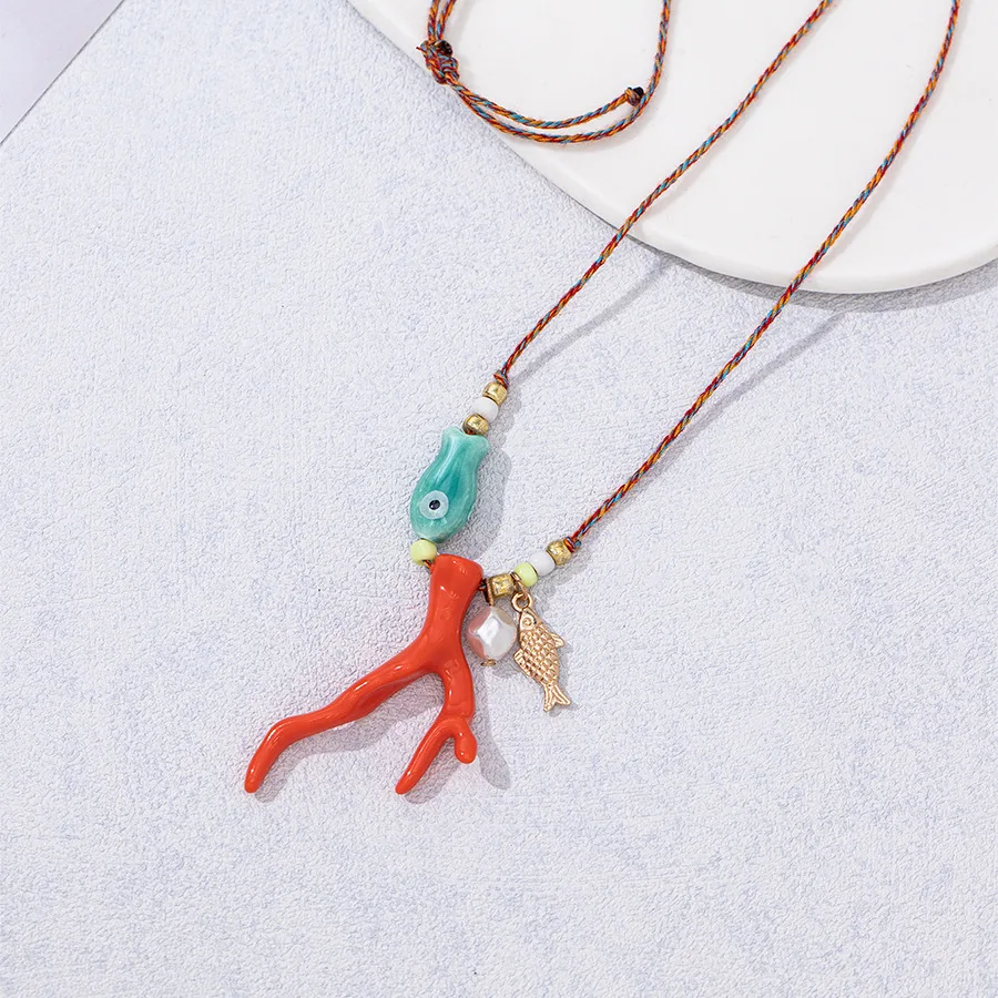 MHS.SUN New Ocean Imitation Coral Glass Fish Pendant Necklace Boho Colorful Braided Rope Adjustable Women Vacation Party Jewelry