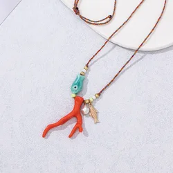 MHS.SUN New Ocean Imitation Coral Glass Fish Pendant Necklace Boho Colorful Braided Rope Adjustable Women Vacation Party Jewelry
