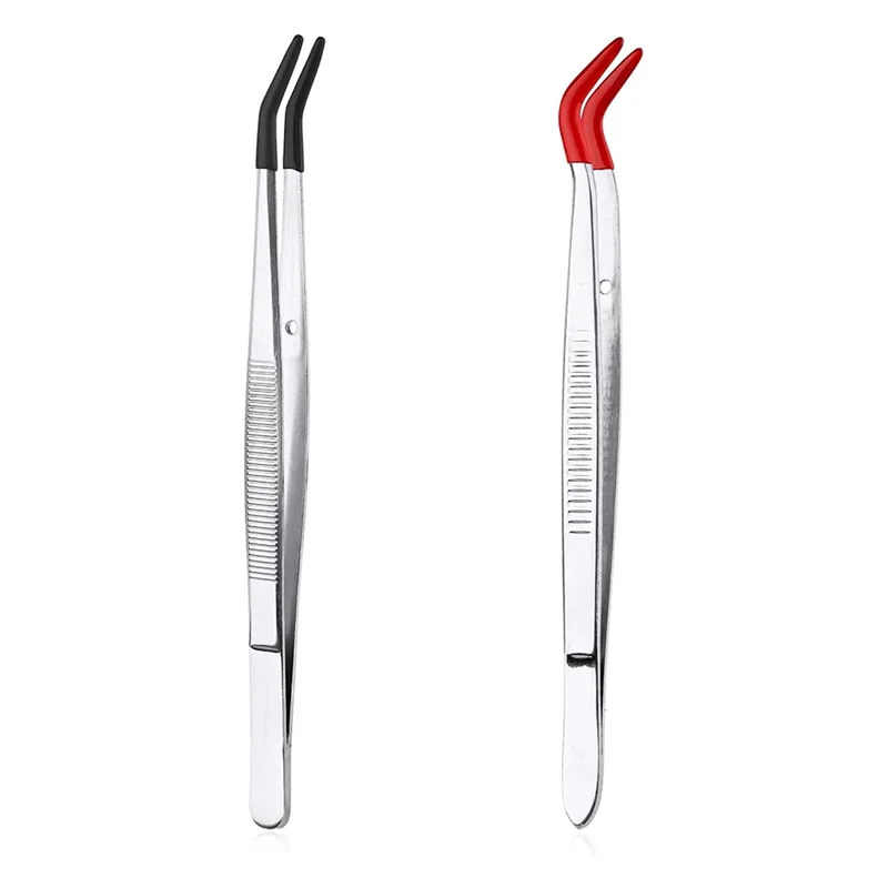 The New 2Pcs Bent Tweezers With Rubber Tips, Curved Flat Tip Tweezer Stainless Steel Angled Grip Gem Stamp Sticker - view 3