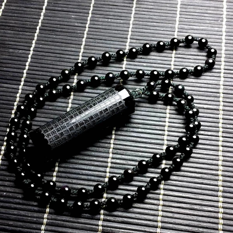 Natural Obsidian Prajna Paramita Sutra Buddha Necklace Pendant With Lucky Beads Chain Fashion Jewelry For Men Women