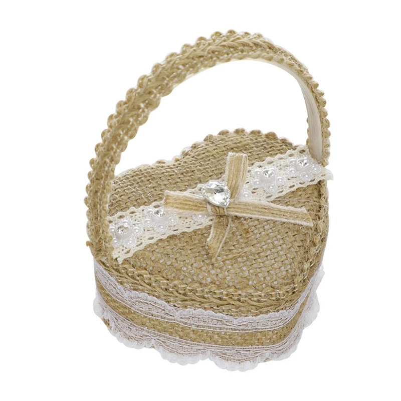 Valentine's Day Flower Basket Ring Box Romantic Burlap Bow Ring Storage Holder Handmade Earrings Jewelry Case