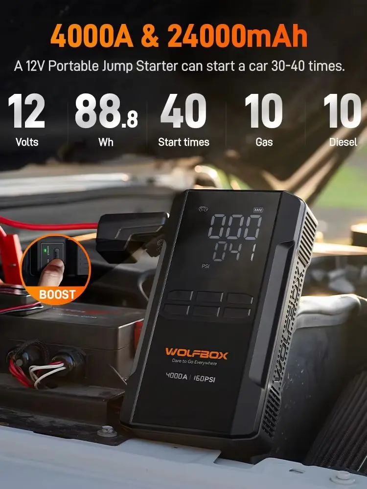 WOLFBOX JS24AIR 4000A Starthilfe 160PSI Luftkompressor 12V Autobatterie-Booster, 88,8Wh Tragbare Starthilfegerät (10L Benzin/10L Diesel) Reifenfüller LED-Licht